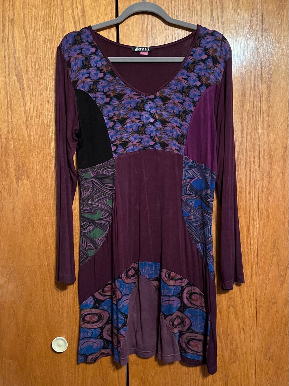 Jayli Plum Patchwork Long-Sleeve V-Neck Tunic Dress